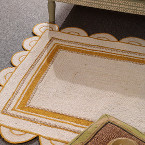 Handwoven Ivory & Mustard Border Jute Rug | Scalloped Edge Handmade Area Rug | Modern Boho Carpet