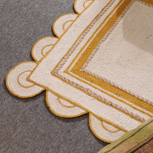 Handwoven Ivory & Mustard Border Jute Rug | Scalloped Edge Handmade Area Rug | Modern Boho Carpet