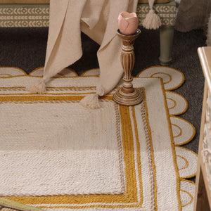 Handwoven Ivory & Mustard Border Jute Rug | Scalloped Edge Handmade Area Rug | Modern Boho Carpet