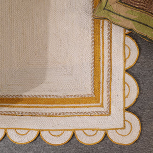 Handwoven Ivory & Mustard Border Jute Rug | Scalloped Edge Handmade Area Rug | Modern Boho Carpet