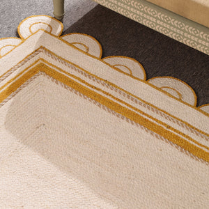 Handwoven Ivory & Mustard Border Jute Rug | Scalloped Edge Handmade Area Rug | Modern Boho Carpet