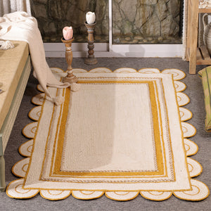Handwoven Ivory & Mustard Border Jute Rug | Scalloped Edge Handmade Area Rug | Modern Boho Carpet