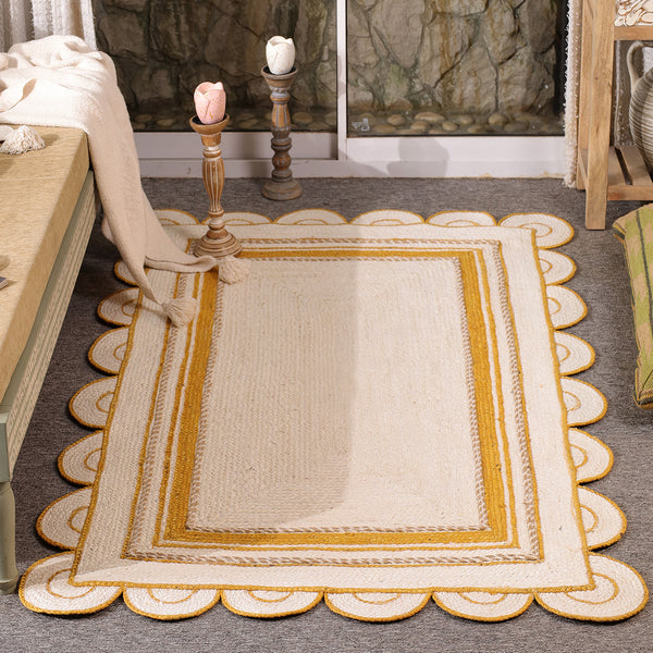 Handwoven Ivory & Mustard Border Jute Rug | Scalloped Edge Handmade Area Rug | Modern Boho Carpet