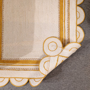 Handwoven Ivory & Mustard Border Jute Rug | Scalloped Edge Handmade Area Rug | Modern Boho Carpet