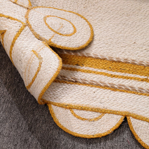 Handwoven Ivory & Mustard Border Jute Rug | Scalloped Edge Handmade Area Rug | Modern Boho Carpet