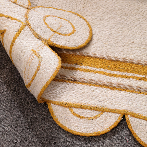 Handwoven Ivory & Mustard Border Jute Rug | Scalloped Edge Handmade Area Rug | Modern Boho Carpet