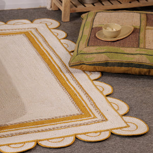 Handwoven Ivory & Mustard Border Jute Rug | Scalloped Edge Handmade Area Rug | Modern Boho Carpet