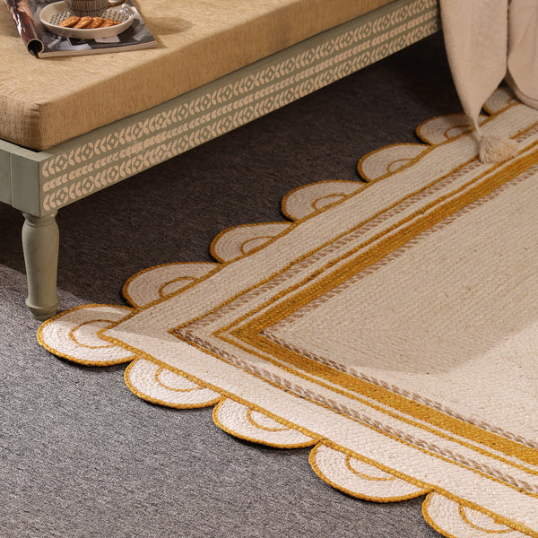 Handwoven Ivory & Mustard Border Jute Rug | Scalloped Edge Handmade Area Rug | Modern Boho Carpet