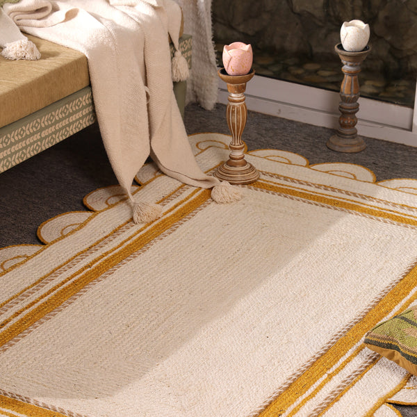 Handwoven Ivory & Mustard Border Jute Rug | Scalloped Edge Handmade Area Rug | Modern Boho Carpet