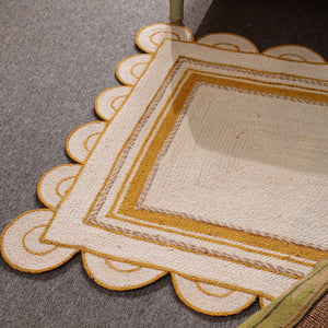 Handwoven Ivory & Mustard Border Jute Rug | Scalloped Edge Handmade Area Rug | Modern Boho Carpet