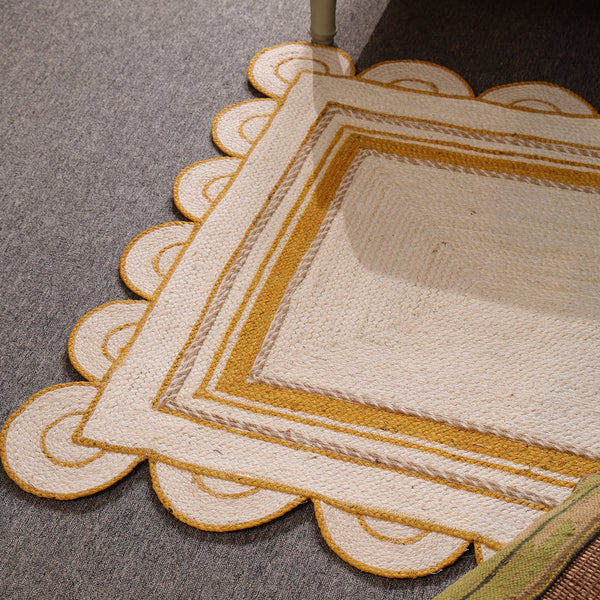 Handwoven Ivory & Mustard Border Jute Rug | Scalloped Edge Handmade Area Rug | Modern Boho Carpet