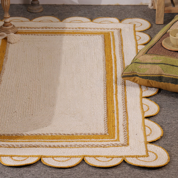 Handwoven Ivory & Mustard Border Jute Rug | Scalloped Edge Handmade Area Rug | Modern Boho Carpet