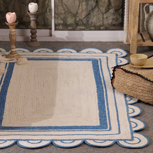 Handwoven Scalloped Natural Jute Rug with Border for Living Room