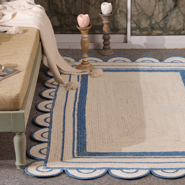 Handwoven Ivory & Blue Border Jute Rug | Scalloped Edge Handmade Area Rug | Coastal Boho Carpet