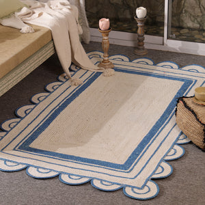 Handwoven Ivory & Blue Border Jute Rug | Scalloped Edge Handmade Area Rug | Coastal Boho Carpet