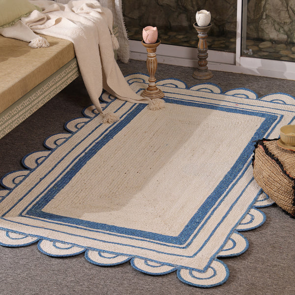 Handwoven Ivory & Blue Border Jute Rug | Scalloped Edge Handmade Area Rug | Coastal Boho Carpet