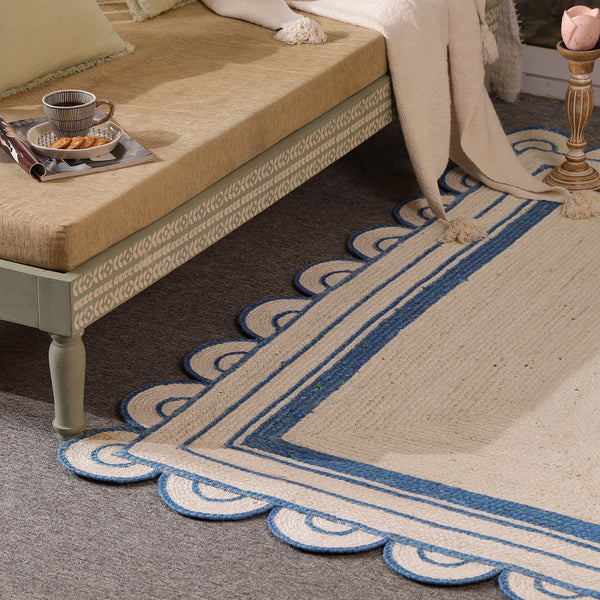 Handwoven Ivory & Blue Border Jute Rug | Scalloped Edge Handmade Area Rug | Coastal Boho Carpet