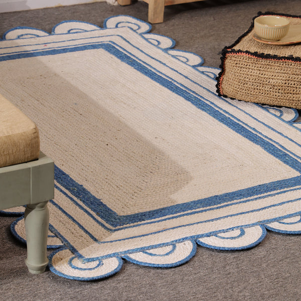 Handwoven Ivory & Blue Border Jute Rug | Scalloped Edge Handmade Area Rug | Coastal Boho Carpet