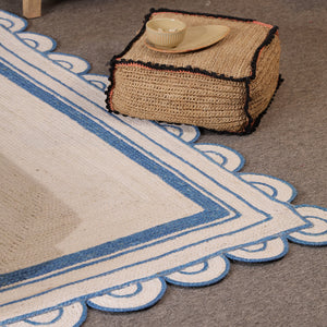 Handwoven Ivory & Blue Border Jute Rug | Scalloped Edge Handmade Area Rug | Coastal Boho Carpet