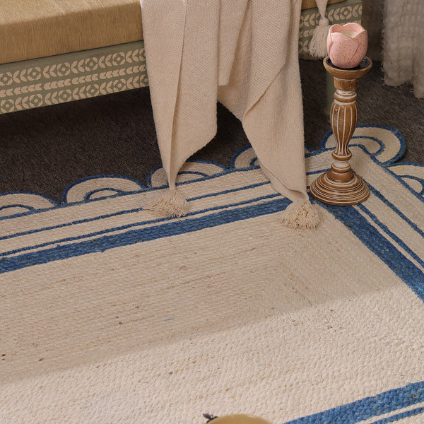 Handwoven Ivory & Blue Border Jute Rug | Scalloped Edge Handmade Area Rug | Coastal Boho Carpet