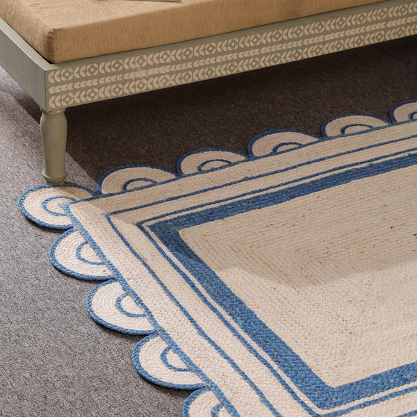 Handwoven Ivory & Blue Border Jute Rug | Scalloped Edge Handmade Area Rug | Coastal Boho Carpet