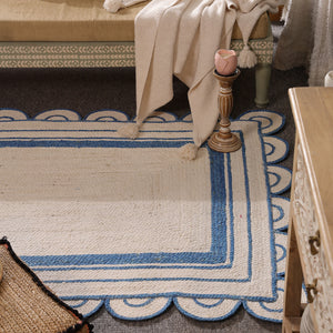Handwoven Ivory & Blue Border Jute Rug | Scalloped Edge Handmade Area Rug | Coastal Boho Carpet
