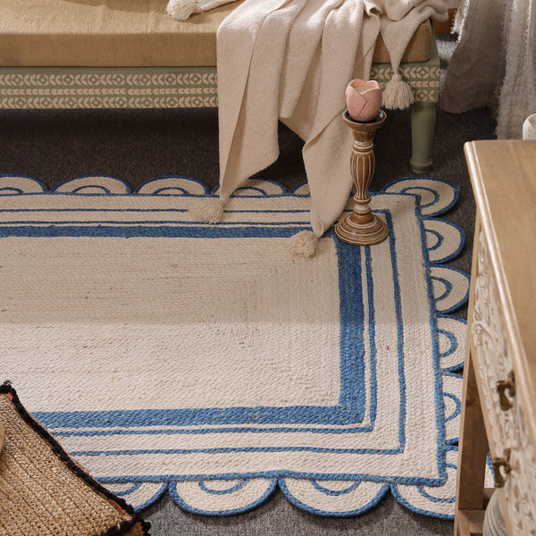 Handwoven Ivory & Blue Border Jute Rug | Scalloped Edge Handmade Area Rug | Coastal Boho Carpet