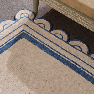 Handwoven Ivory & Blue Border Jute Rug | Scalloped Edge Handmade Area Rug | Coastal Boho Carpet