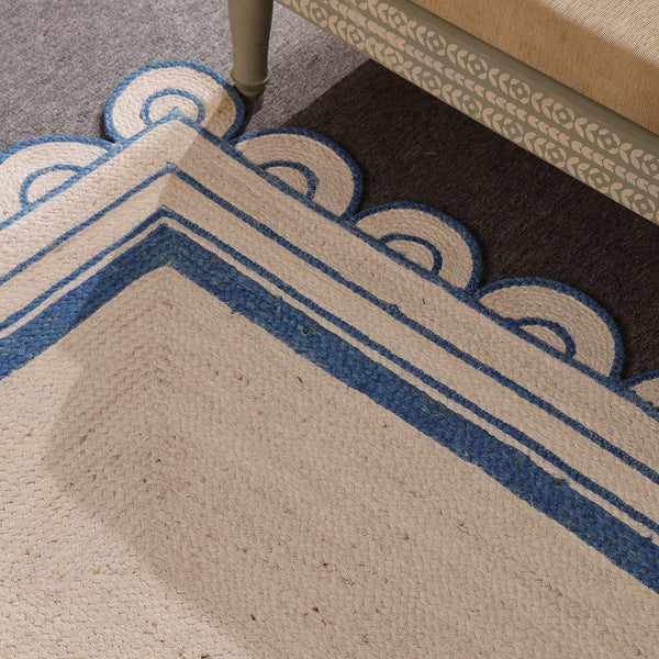 Handwoven Ivory & Blue Border Jute Rug | Scalloped Edge Handmade Area Rug | Coastal Boho Carpet