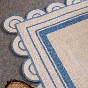 Handwoven Ivory & Blue Border Jute Rug | Scalloped Edge Handmade Area Rug | Coastal Boho Carpet