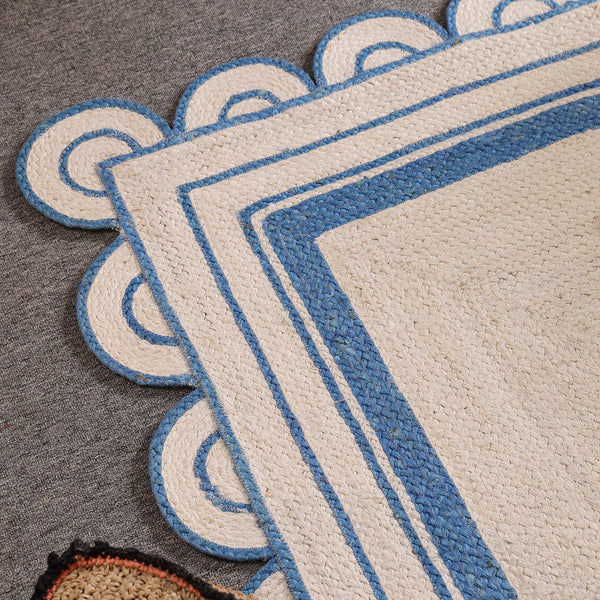 Handwoven Ivory & Blue Border Jute Rug | Scalloped Edge Handmade Area Rug | Coastal Boho Carpet