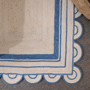 Handwoven Ivory & Blue Border Jute Rug | Scalloped Edge Handmade Area Rug | Coastal Boho Carpet