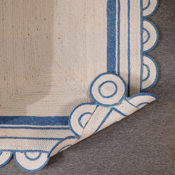 Handwoven Ivory & Blue Border Jute Rug | Scalloped Edge Handmade Area Rug | Coastal Boho Carpet