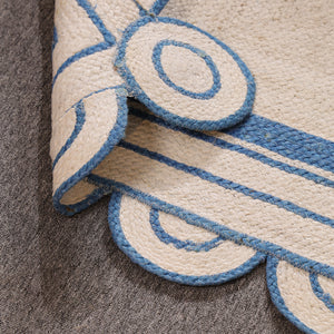 Handwoven Ivory & Blue Border Jute Rug | Scalloped Edge Handmade Area Rug | Coastal Boho Carpet
