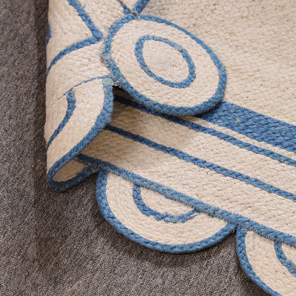 Handwoven Ivory & Blue Border Jute Rug | Scalloped Edge Handmade Area Rug | Coastal Boho Carpet