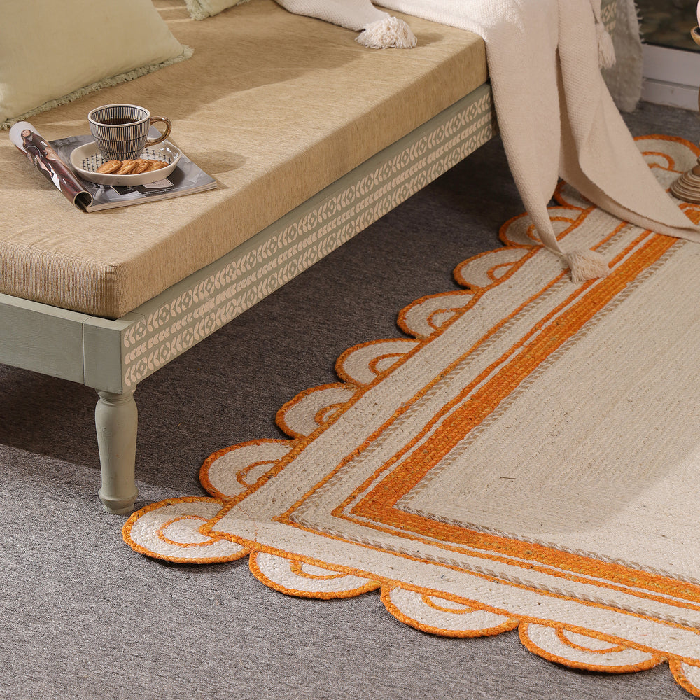 Handwoven Ivory & Orange Border Jute Rug | Scalloped Edge Handmade Area Rug | Boho Modern Carpet