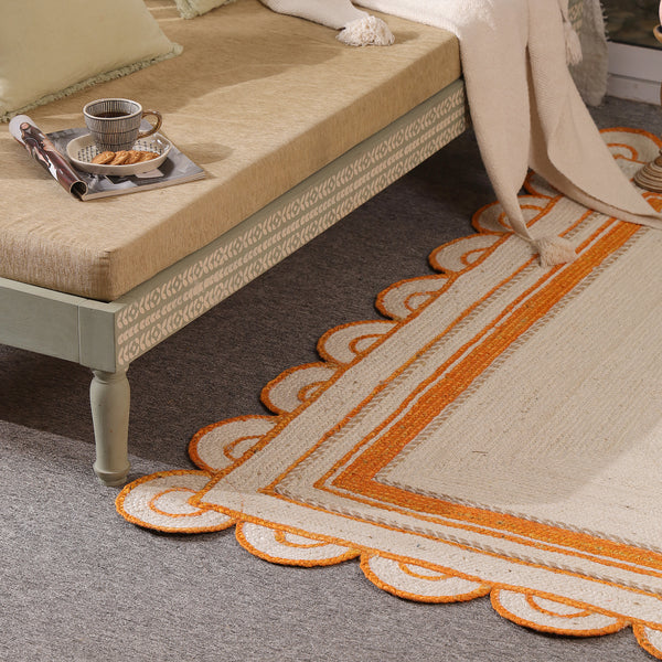 Handwoven Ivory & Orange Border Jute Rug | Scalloped Edge Handmade Area Rug | Boho Modern Carpet