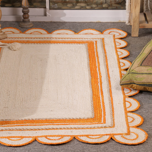 Handwoven Ivory & Orange Border Jute Rug | Scalloped Edge Handmade Area Rug | Boho Modern Carpet
