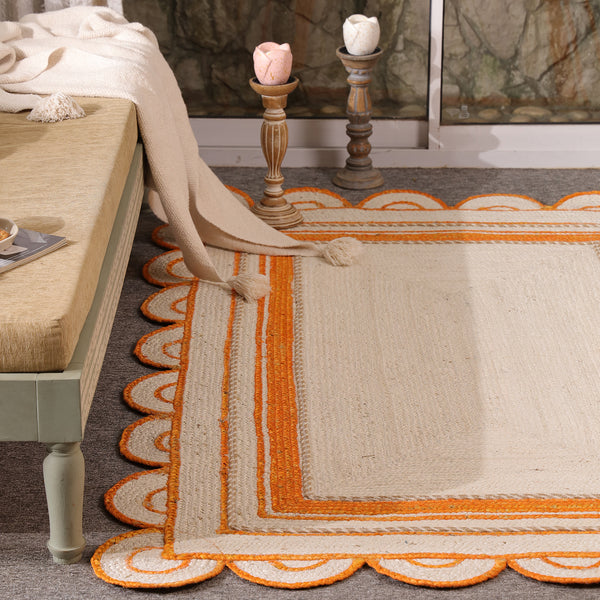 Handwoven Ivory & Orange Border Jute Rug | Scalloped Edge Handmade Area Rug | Boho Modern Carpet