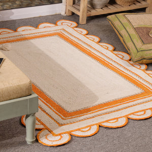 Handwoven Ivory & Orange Border Jute Rug | Scalloped Edge Handmade Area Rug | Boho Modern Carpet