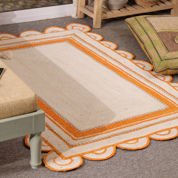 Handwoven Ivory & Orange Border Jute Rug | Scalloped Edge Handmade Area Rug | Boho Modern Carpet