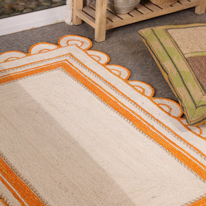 Handwoven Ivory & Orange Border Jute Rug | Scalloped Edge Handmade Area Rug | Boho Modern Carpet
