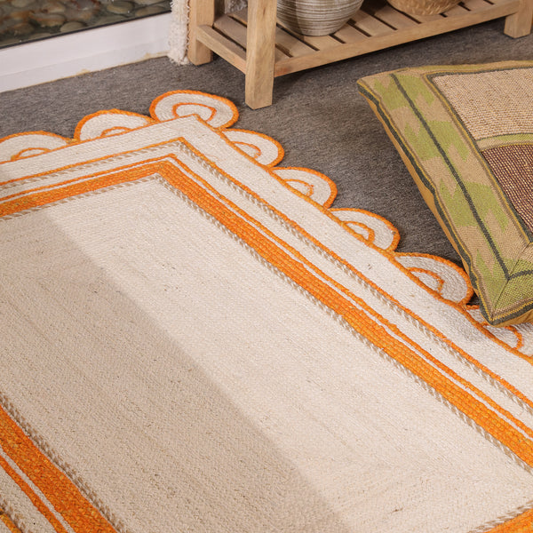 Handwoven Ivory & Orange Border Jute Rug | Scalloped Edge Handmade Area Rug | Boho Modern Carpet