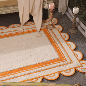 Handwoven Ivory & Orange Border Jute Rug | Scalloped Edge Handmade Area Rug | Boho Modern Carpet
