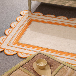 Handwoven Ivory & Orange Border Jute Rug | Scalloped Edge Handmade Area Rug | Boho Modern Carpet