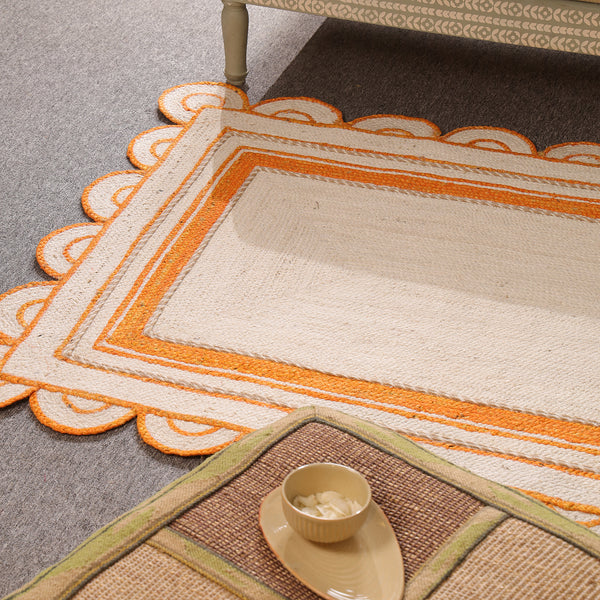 Handwoven Ivory & Orange Border Jute Rug | Scalloped Edge Handmade Area Rug | Boho Modern Carpet