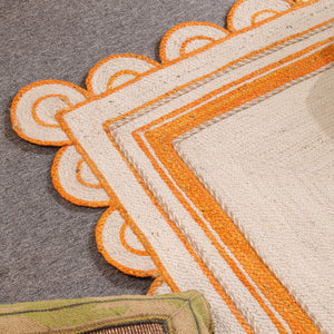 Handwoven Ivory & Orange Border Jute Rug | Scalloped Edge Handmade Area Rug | Boho Modern Carpet