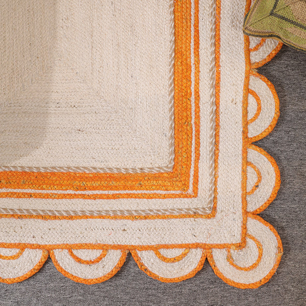 Handwoven Ivory & Orange Border Jute Rug | Scalloped Edge Handmade Area Rug | Boho Modern Carpet