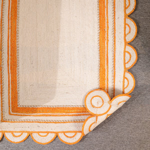 Handwoven Ivory & Orange Border Jute Rug | Scalloped Edge Handmade Area Rug | Boho Modern Carpet