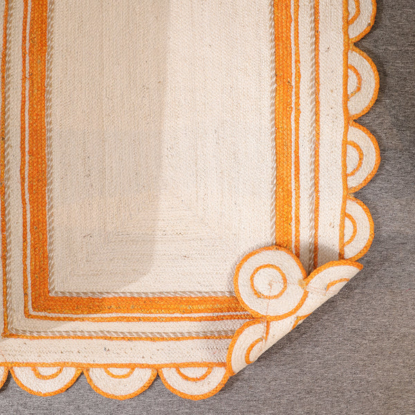 Handwoven Ivory & Orange Border Jute Rug | Scalloped Edge Handmade Area Rug | Boho Modern Carpet